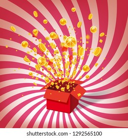 Box With Coins Exploision, Blast. Open Red Gift Box and Confetti. Win, casino, lottery, quiz. Spiral Stripes Background. Vector Illustration. Isolated, Template