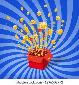 Box With Coins Exploision, Blast. Open Red Gift Box and Confetti. Win, casino, lottery, quiz. Spiral Stripes Background. Vector Illustration. Isolated, Template