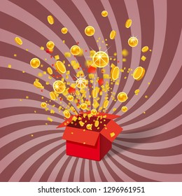 Box With Coins Exploision, Blast. Open Red Gift Box and Confetti. Win, casino, lottery, quiz. Spiral Stripes Background. Vector Illustration. Isolated, Template