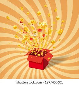 Box With Coins Exploision, Blast. Open Red Gift Box and Confetti. Win, casino, lottery, quiz. Spiral Stripes Background. Vector Illustration. Isolated, Template