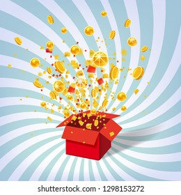 Box With Coins Exploision, Blast. Open Red Gift Box and Confetti. Win, casino, lottery, quiz. Spiral Stripes Background. Vector Illustration. Isolated, Template