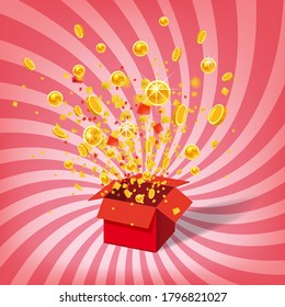 Box With Coins Exploision, Blast. Open Red Gift Box and Confetti. Win, casino, lottery, quiz. Spiral Stripes Background. Vector Illustration. Isolated, Template