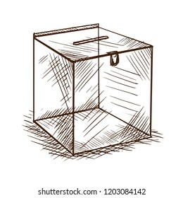 Box for collecting alms and donations for the development of culture and religion. Vector illustration isolated on white background, in style of engraving.