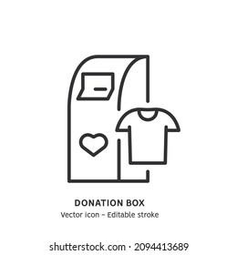 Box For Collecting Clothes And Shoes. Clothing Donation, Donate Clothes Flat Outline Icon. Charity Campaign Sign. Editable Stroke. Vector Illustration