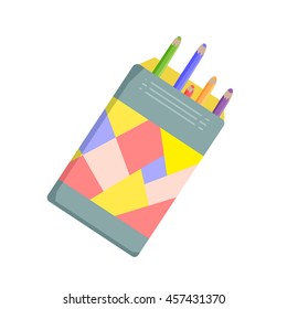 Box of colored pencils. Tools for art, school, drawing. Vector illustration of coloring equipment isolated on white.
