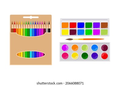 Box with colored pencils, watercolor paints, gouache, brush for drawing. Stationery, stationery for school, drawing lessons. Top view. Vector illustration