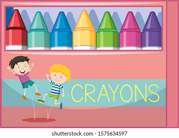 Box of colorful crayongs illustration