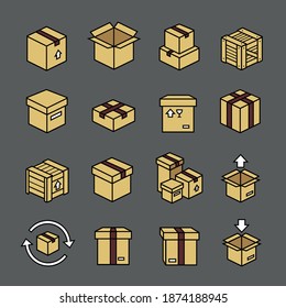 Box colorful icons set. Logistics and cardboard boxes related color line icons. Package Cargo and delivery sing vector symbols.