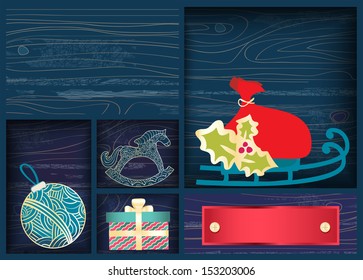 Box of colourful red Christmas decorations with sleigh, bauble, gift box, and blank banners for your Christmas or New Year greeting, design illustration Box with Christmas decorations