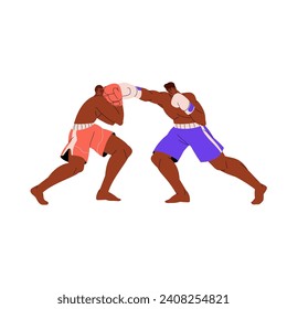 Box competition. Professional boxer in boxing gloves punch sport competitor. Strong sportsmen fight, fighter sparring. Martial art training. Flat isolated vector illustration on white background