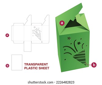 Box with confetti window and interlock flip die cut template and 3D mockup