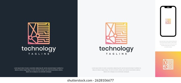 Design do logotipo da tecnologia de conexão em caixa. Modelo de logotipo de tecnologia de conexão em caixa. Ícone de símbolo de logotipo de tecnologia