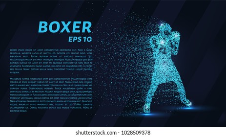 The box consists of the particles. Boxer consists of dots and circles. Blue boxer stands in a rack on a dark background