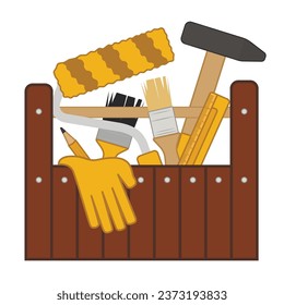 Box with construction tools on white background