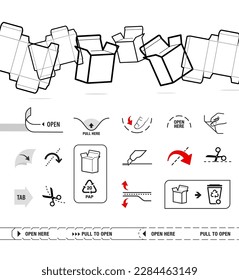 Box container icons set. Vector illustration isolated on white background. Set for packages, shows the place of opening. EPS10.