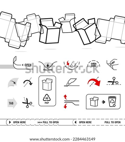 Box container icons set. Vector illustration isolated on white background. Set for packages, shows the place of opening. EPS10.