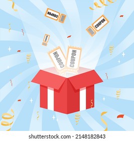 Box of coupon. Special offer for regular customers, product promotion and marketing on Internet. Poster or banner for website, lottery. Celebration for winners. Cartoon flat vector illustration