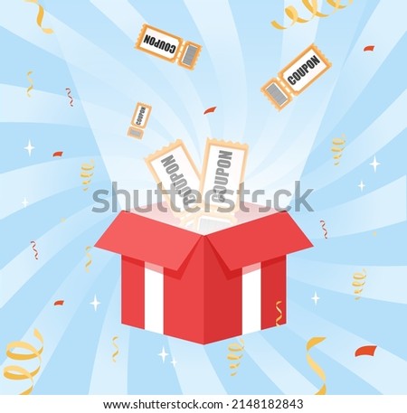 Box of coupon. Special offer for regular customers, product promotion and marketing on Internet. Poster or banner for website, lottery. Celebration for winners. Cartoon flat vector illustration