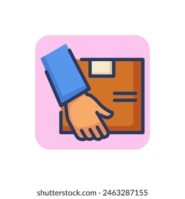 Box in courier hands line icon. Carriage, commerce, shipment outline sign. Delivery service and distribution concept. Vector illustration, symbol element for web design and apps