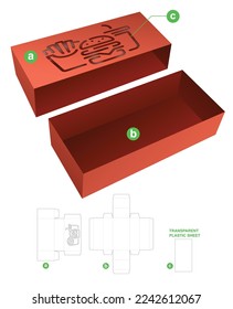 Box and cover with stenciled food window die cut template and 3D mockup