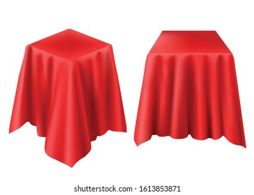 Box covered with red cloth. Vector realistic template of cube hidden under silk veil or curtain for presentation, opening surprise, gift isolated on white background