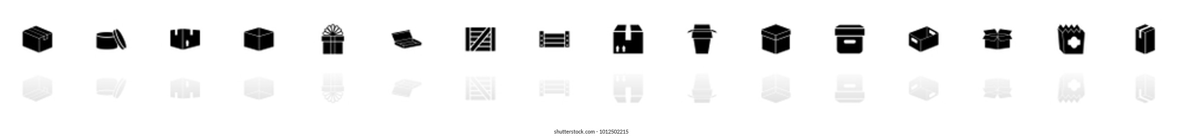 Box and Crates icons - Black horizontal Illustration symbol on White Background with a mirror Shadow reflection. Flat Vector Icon.