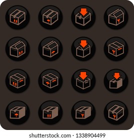 Box and crates related color vector icons on dark background for user interface design