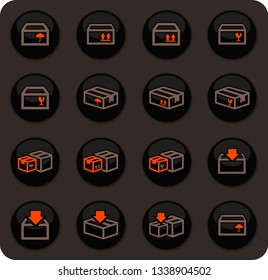 Box and crates related color vector icons on dark background for user interface design