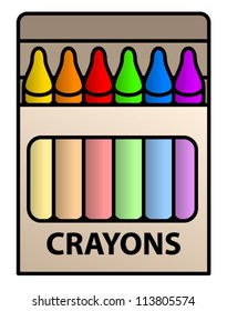 A box of crayons with 6 colors. Shown front-on.