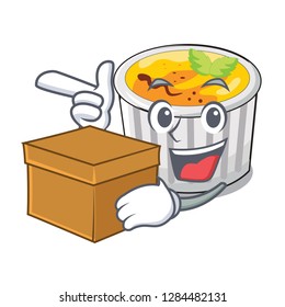 With box creme brule in white cartoon bowl
