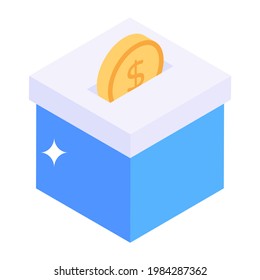 Box with cryptocurrency, bitcoin donation in isometric style 