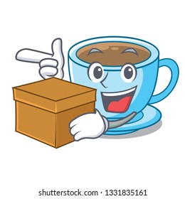 With box cup milk tea above cartoon table