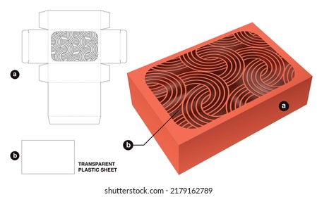 Box and curved pattern window with transparent plastic sheet die cut template and 3D mockup