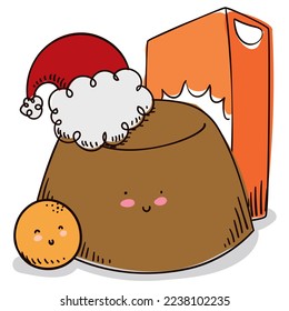 Box with cute custard wearing a Santa's hat and a tiny round fritter, celebrating the Colombian Christmas season.