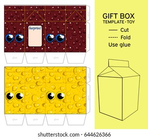 Box cute template. Biscuits, fruit, chocolate. Kawaii design. Boxes with eyes, expressions of emotions.