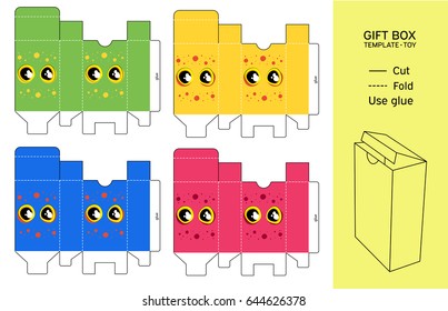 Box cute template. Biscuits, fruit, chocolate. Kawaii design. Boxes with eyes, expressions of emotions.