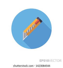 Box cutter knife flat design round icon. Color symbol of office utensils and tools. Utility knife long shadow vector illustration in a circle isolated on white background.