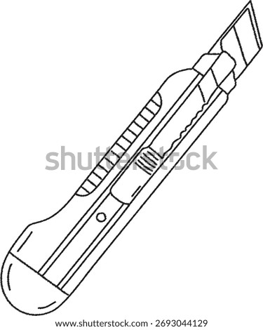 A box cutter style tool shows a sliding mechanism and notched blade for trimming cardboard and film