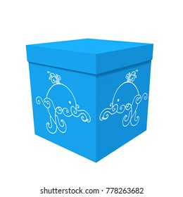 Box decorated with blue sea drawing with whale. Gift on birthday. Surprise on the occasion. Vector illustration.