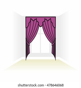 box decorated curtains. interior. floor ceiling. window. interior decoration textiles sketch