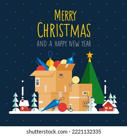 Box with Сhristmas decorations. Christmas tree and decoration. Flat cartoon style vector illustration.