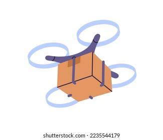 Box delivery by drone. Smart robot delivering package, cardboard parcel, cargo by air, UAV. Unmanned transportation service concept. Flat graphic vector illustration isolated on white background.