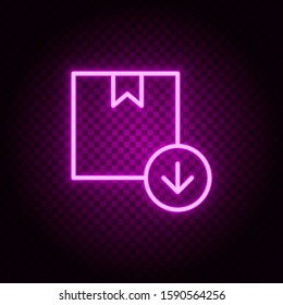 box, delivery, download, arrow down neon icon. Pink neon vector icon