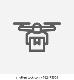 Box delivery drone icon line. Isolated symbol on logistics topic with box delivery, drone multirotor and container meaning delivery drone icon vector illustration.