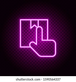 box, delivery, hand neon icon. Pink neon vector icon