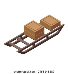 Box delivery on sleigh icon isometric vector. Wooden material. Fast move