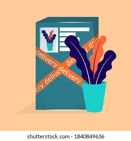 Box with delivery of the paid online product. Online shopping, delivery of a flower in a large box. Vector illustration in flat cartoon style.