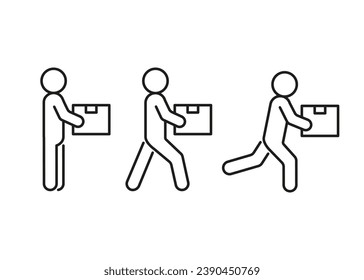 Box delivery, person move cargo, line icon. Courier stand, move and run with package, relocation. Fast transfer weight. Vector illustration