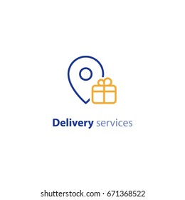 Box delivery services, fast relocation, transportation company logo elements, shipping order, distribution line icon, tracking parcel outline vector