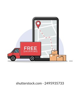 Box Delivery Truck with Phone and Boxes Vector Illustration. Free Shipping Service Concept Design